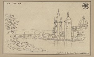 Blick auf die Karlsbrücke in Prag mit dem Altstädter Brückenturm und der Kuppel der Kreuzherrenkirche von Karl Friedrich Schinkel