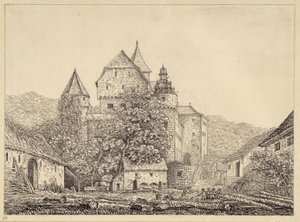 Burgartige Gebäudekomplex in Berglandschaft von Karl Friedrich Schinkel