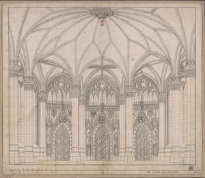 Dekoration zum allgemeinen Gebrauch. Gotisches Zimmer mit drei Türen und breiten Fenstern von Karl Friedrich Schinkel