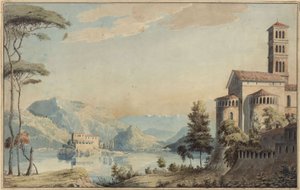 Dekoration zum allgemeinen Gebrauch. Landschaft mit See und Kirche von Karl Friedrich Schinkel