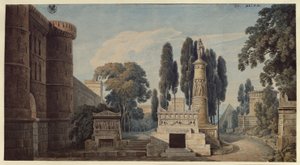 Die Vestalin. Oper von Gaspare Spontini. Entwurf zur 3. Dekoration. Ansicht einer antiken römischen Gräberstraße von Karl Friedrich Schinkel