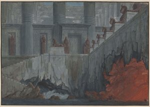 Die Zauberflöte. Oper von Wolfgang Amadeus Mozart. Entwurf zur 11. Dekoration. Feuer- und Wassertempel von Karl Friedrich Schinkel