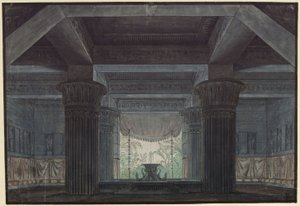 Die Zauberflöte. Oper von Wolfgang Amadeus Mozart. Entwurf zur 3. Dekoration. Halle in Sarastros Burg von Karl Friedrich Schinkel