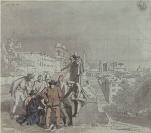 Eine Gruppe von Spielern mit der Kirche Santa Trinità dei Monti in Rom im Hintergrund von Karl Friedrich Schinkel