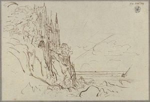Eine gotische Kirche an einer steilen Meeresküste vor aufgehender Sonne von Karl Friedrich Schinkel