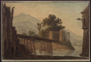 Faniska. Oper von Luigi Cherubini. Entwurf zur 3. Dekoration. Brücke über einen See