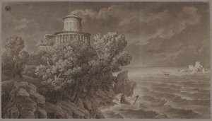 Felsige Meeresküste mit einem antikisierenden Leuchtturm, bei bewegter See von Karl Friedrich Schinkel