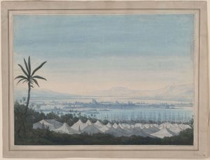 Fernand Cortez, oder: Die Eroberung Mexikos. Oper von Gaspare Spontini. Entwurf zur 2. Dekoration. Aussicht auf Mexiko-Stadt und das Feldlager der Spanier von Karl Friedrich Schinkel