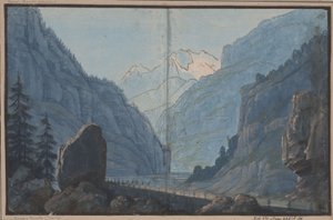 Hermann und Thusnelda. Schauspiel von August von Kotzebue. Entwurf zur 5. Dekoration. Gebirgsstraße von Karl Friedrich Schinkel