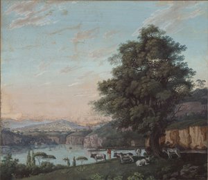 Italienische Ideallandschaft mit Baum, Herde und Bergen von Karl Friedrich Schinkel