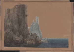 König Yngurd. Trauerspiel von Adolf Müllner. Entwurf zur 4. Dekoration. Turm mit Todespforte am Meer von Karl Friedrich Schinkel