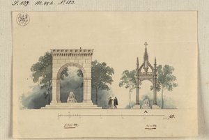 Lützen. Entwurf zu einem Denkmal für König Gustav II. Adolf von Schweden als vierseitig offene Bogenhalle und als Tabernakel über dem Schwedenstein von Karl Friedrich Schinkel