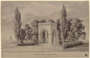 Lützen. Entwurf zu einem Denkmal für König Gustav II. Adolf von Schweden in Form einer romanischen Halle über dem Schwedenstein mit angefügter Apsis. Ansicht von Karl Friedrich Schinkel