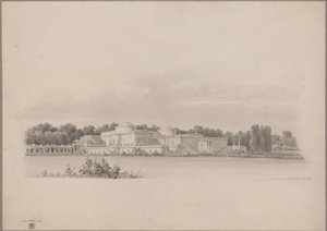 Potsdam-Sanssouci. Antikes Landhaus bei Schloss Charlottenhof. Perspektivische Ansicht von Nordosten von Karl Friedrich Schinkel