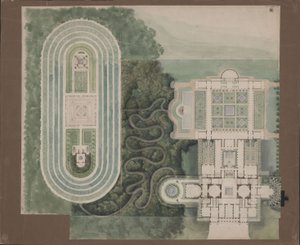 Potsdam-Sanssouci. Antikes Landhaus bei Schloss Charlottenhof. Situationsplan und Grundriss von Karl Friedrich Schinkel