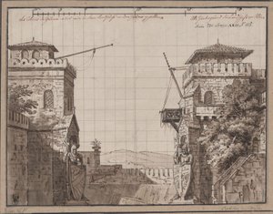 Ratibor und Wanda. Schauspiel von Jakob Andreas Konrad Levezow. Entwurf zur 3. Dekoration. Kastell mit Ausblick auf Berge von Karl Friedrich Schinkel