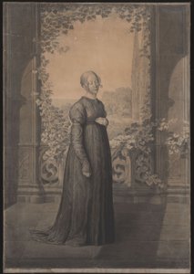 Susanne Schinkel in einem altdeutschen Kleid vor einer gotischen Architektur, im Hintergrund eine Landschaft mit einer gotischen Kathedrale von Karl Friedrich Schinkel