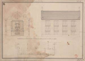 Tillendorf (Bolesławice, Regierungsbezirk Liegnitz). Entwurf zur evangelischen Kirche. Grundriss, Aufriss der Seitenfassade und Querschnitt von Karl Friedrich Schinkel