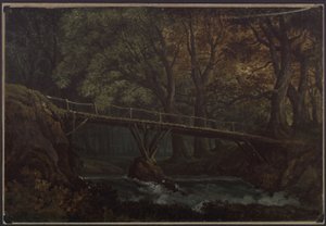 Undine. Oper von E. T. A. Hoffmann. Entwurf zur 7. Dekoration. Dichter Wald mit Brücke über einen Bach von Karl Friedrich Schinkel