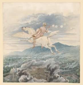 Weibliche Figur (Seifenbläserin) als Allegorie auf Christian Peter Wilhelm Beuth, den Pegasus über einer Industriestadt reitend von Karl Friedrich Schinkel
