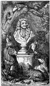 Allegorische Büste von Jean de La Fontaine, umgeben von Tieren; Frontispiz eines Buches der Fabeln von La Fontaine von Karl Girardet