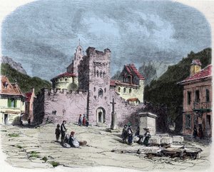 Kirche der Ritter des Tempelordens (Templer) in Luz Saint Saviour (Luz-Saint-Sauveur oder Luz St Saviour, Luz-St-Sauveur). Zeichnung von Karl Girardet (1813-1871) von Karl Girardet