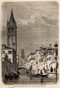 Der Rezonico-Kanal, Zeichnung von Karl Girardet (1813-1871), zur Illustration der Reise von Adalbert de Beaumont nach Venedig, um 1850. Gravur in „Le tour du monde“, herausgegeben von Edouard Charton. von Karl Girardet