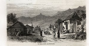 Das kreolische Lager in Port Louis, Zeichnung von Karl Girardet (1813-1871), zur Illustration des Aufenthalts von Alfred Verney auf Mauritius im Jahr 1861. Gravur in „Le tour du monde“, herausgegeben von Edouard Charton von Karl Girardet