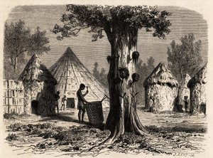 Der Baum des Krieges, in einem Dorf Djour, Region Bahr-el-Gazal, Sudan, Zeichnung von Karl Girardet (1813-1871) zur Illustration der Reise zum Fluss der Gazellen von A. Bolognesi, in 1856-1857. Gravur in „Le tour du monde“, herausgegeben von Edouard Charto