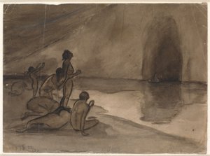 Nackte Menschen am Strand von Aurvangaland sehen das Boot mit Heimdal kommen