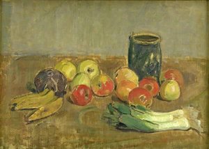 Stillleben. Äpfel, Lauch, Bananen und grüner Krug