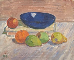 Stillleben mit blauer Schale und Früchten