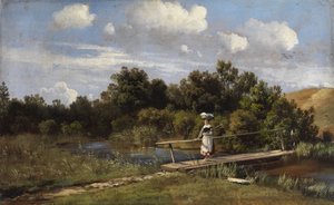 Sommerliche Landschaft mit einer Wäscherin auf einer Brücke
