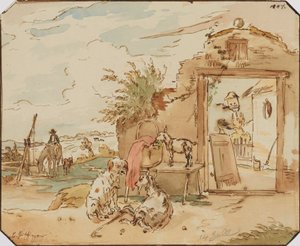 Ländliche Idylle, Bauernhaus mit Ziegen, Hund, Pferd an Ziehbrunnen von Karl Pischinger