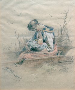 Stillende Frau in einem Kahn am Ufer des Chiemsees von Karl Raupp