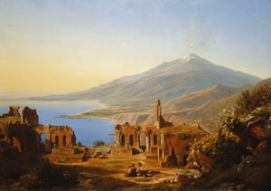 Teatro Greco, Taormina, mit Ätna im Hintergrund, 1852 von Karl Robert Kummer