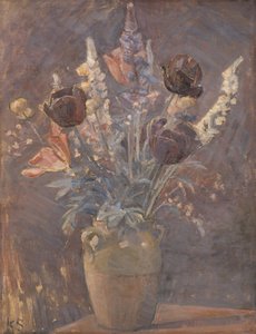 Tonvase mit Tulpen und anderen Blumen