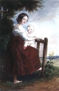 Mädchen hält ein Baby: Landschaftshintergrund von Karoly or Charles Brocky