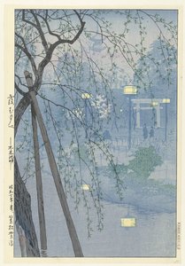 Der Rand des Shinobazu-Teichs an einem nebligen Abend