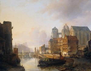 Imaginäre Ansicht einer Stadt am Flussufer mit dem Aachener Dom von Kasparus Karsen (signed by artist)