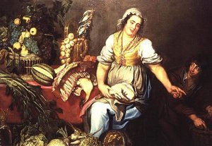 Küchenstillleben mit Obst, Gemüse und einem Mädchen, das ein Huhn hält von Kasper or Gaspar van den Hoecke