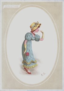Mädchen im blauen Kleid, mit Strohhut, hält eine Rose (Farblithographie) von Kate (after) Greenaway