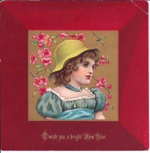 Viktorianische Weihnachtskarte eines Mädchens in Regency-Kleidung mit einem Blumenstrauß, ca. 1880