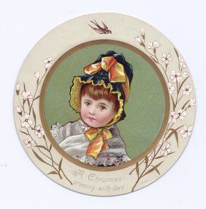 Viktorianische Grußkarte von einem Jungen, der seinen Arm um ein Mädchen legt und ein Buch betrachtet, ca. 1880 von Kate Greenaway