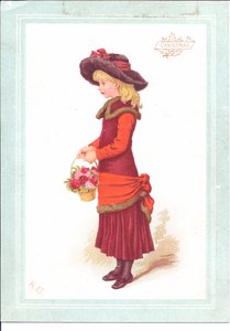 Viktorianische Grußkarte eines Kindes in Regency-Kleidung, ca. 1880