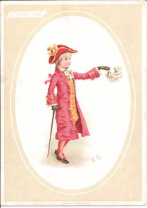 Viktorianische Grußkarte von Kindern am Esstisch, während ein als Koch verkleidetes Kind das Tranchiermesser schärft, ca. 1880