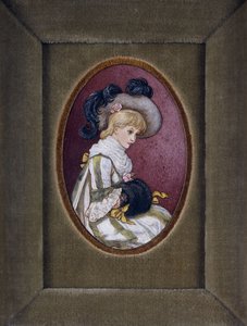 Ovales Porträt eines blonden Mädchens mit einem Federhut und den Händen in einem Muff von Kate Greenaway