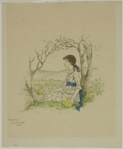 Sitzendes Mädchen mit Primeln von Kate Greenaway