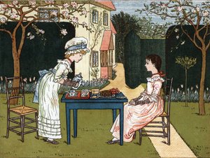 Tageszeit: Zwei junge Mädchen kosten im Garten. Illustration von Kate Greenaway (1846-1901) aus dem Kinderbuch „Under The Window“ (1879), herausgegeben von Edmund Evans.