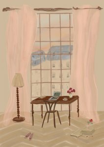 Paris Fensterblick Illustration mit rustikalem Schreibtisch